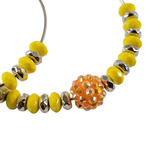 Large Yellow Beaded Hoop Earring 3" Silver Tone Rhinestone Accent Pierced Trendy - Picture 5 of 7